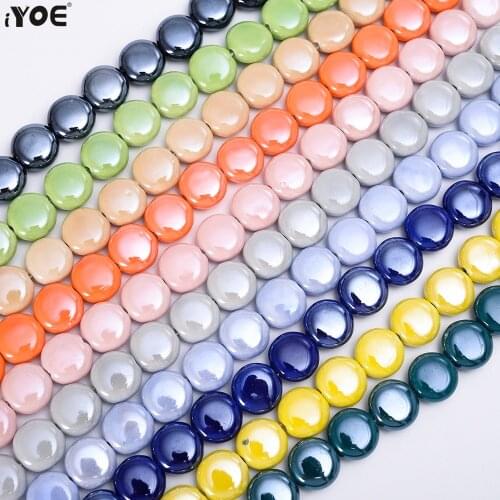 10/30/50pcs 15mm Flat Round Ceramic Beads Colorful Shining Glaze Jewelry Beads for Making Bracelet Charm DIY Earring Necklace