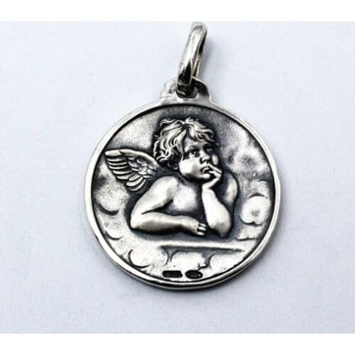 925 Sterling Silver handmade angel Round Pendant Charm jewelry A5303