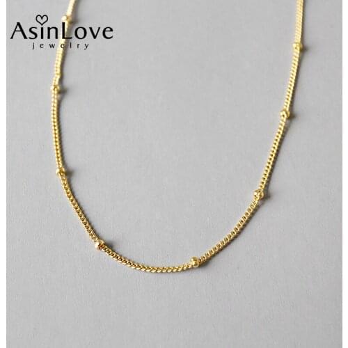 AsinLove 18K Gold Round Beads Necklace Handmade Simple Fashion Chain Genuine 925 Sterling Silver Fine Jewelry Gift for Women