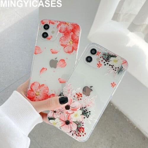 Cute Floral Phone Case for Iphone 12 11 Pro Max mini X XSmax XR 7 8Plus Soft TPU Transparent Vintage Flower Silicon Back Cover