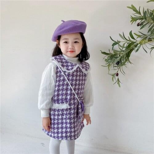 2021 Spring New CC Boutique Outfit for Children Girls Plaid Tweed Costumes for Kids White Blouse and Plaid Dress Set