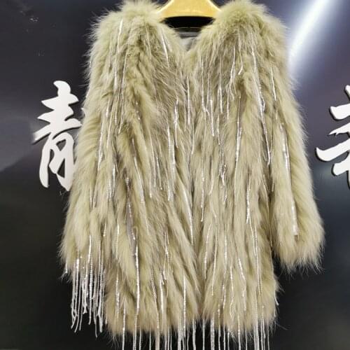 Length 70cm Real fur coat women knitted real fox fur overcoat new fashion stlye female coat Raccoon fur woven with fringe coat