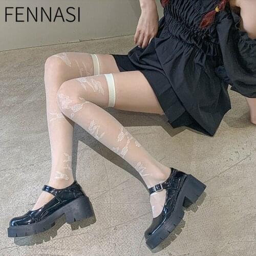 FENNASI Womens Stockings Summer Thin Knee Socks Girl Ultra-Thin Japanese Rose JK Black White Thigh Stockings