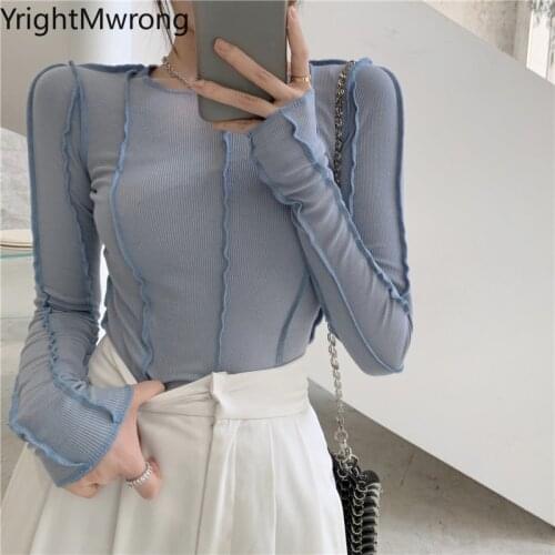 Stitch Sewing Stretch Knit Cotton Slim Long Sleeve T-Shirt Women Cute Sexy T Shirt Fall Pullover Basic Tee Korean Solid Cute Top
