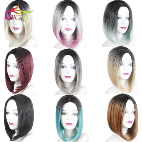 Short Fashion Straight Synthetic Wigs Ombre Blonde Bob Wigs for Women Black Brown Green Wine Natural Medium Hairline Wigs