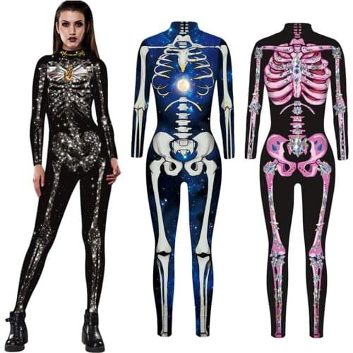 Halloween Carnival Party Scary Skeleton Bone Jumpsuit Costume Women Horror Body Structure Catsuit Romper Cosplay Outfit For Lady
