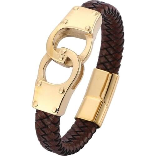 Trendy Men Brown Braided Genuine Leather Bracelet Punk Jewelry Stainless Steel Handcuffs Magnetic Clasp Charm Wristband PD0762