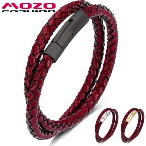 MOZO FASHION Jewelry 2020 New Classic Women Red Leather Rope Chain Stainless Steel Bracelet Vintage Hand Strap Men Bracelets 605