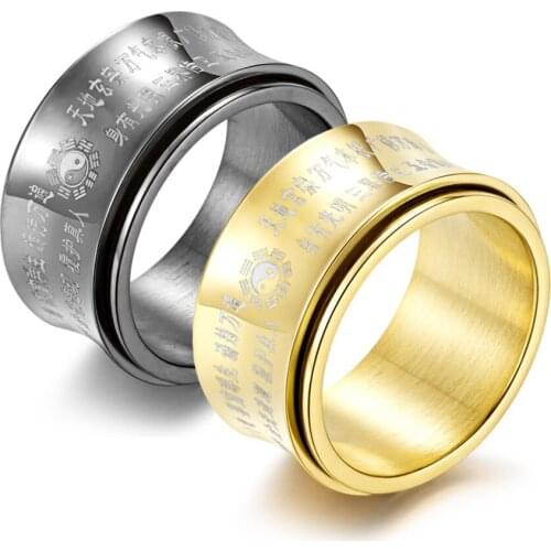Chinese Wind Mantra Spinner Vintage Ring Black Gold Color Stainless Steel Ring for Men Punk Male Party Finger Jewelry