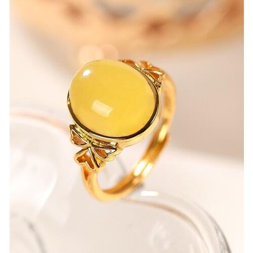 Natural 925 sterling silver gilt love inlaid round shape amber simple temperament amber rings resizable women rings