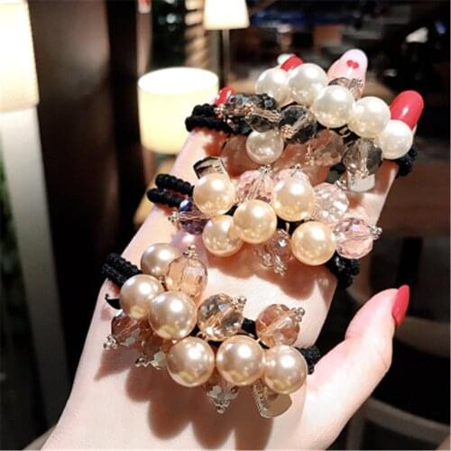 Women Elastic Hair bands Hair tie Girl Pearl Crystal Beads Bow knot Korean Hair Accessories Handmade Head bands Wholesale