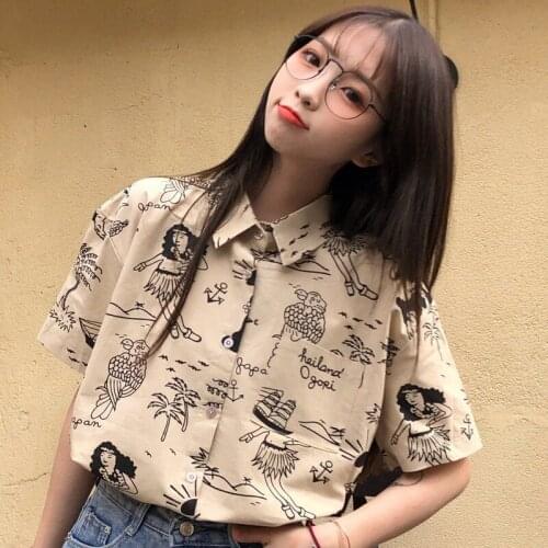 Vintage Anime Shirt Girls Summer Short Sleeve Kawaii Harajuku Korean Fashion Blouse Women Oversize Button Up Cardigan