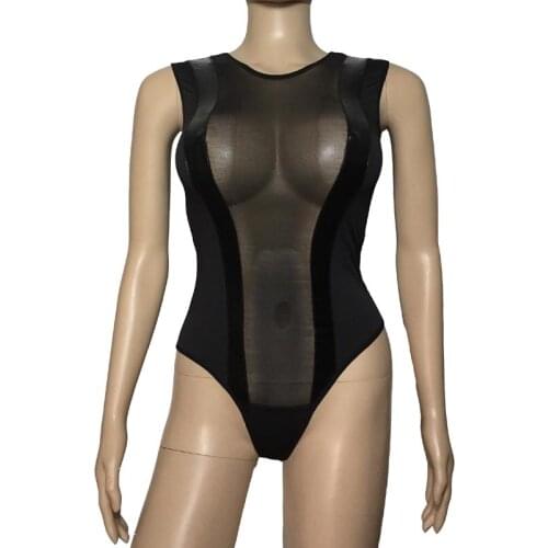 Sexy Lingerie Sheer Mesh Skinny Leotard Wet Look Trim See Through Teddy Peekaboo Sleeveless Bodysuit Revealing Babydolls