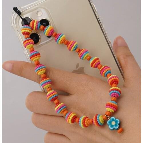 Trend Colorful Acrylic Bead Mobile Phone Chain Cellphone Strap Anti-lost Lanyard For Women Hanging Cord Summer Jewelry Gift