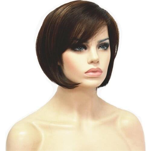 StrongBeauty Womens Bob Style Short Straight Hair Wig Brown with Blonde Highlights Synthetic Natural Full Wigs