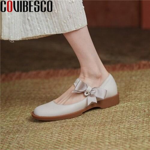 COVIBESCO Women Pumps Casual Sweet Butterfly-Knot Round Toe Mary Janes Genuine Leather Low Heels Spring Summer New Shoes Woman
