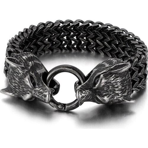 148g heavy 18mm 8.8 inch Men’s Biker Bracelet Foxtail Chain with Wolf’s Head Design Polished Silver Finish Made of Rust & Disco