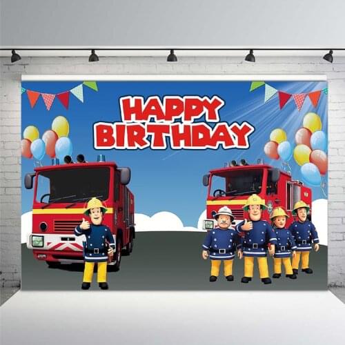 Sam Firefighter Fire Engine Helicopter Happy Birthday Custom Photo Studio Backdrop for Kids Background Vinyl Photo Background