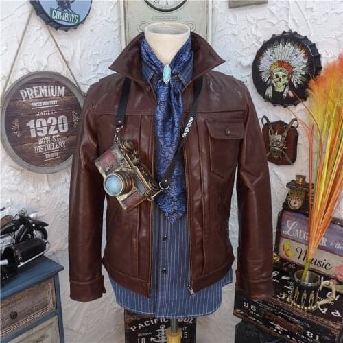 YR!Free shipping.wholesales Brown soft horsehide jacket.men slim genuine leather coat.quality vintage leather clothes
