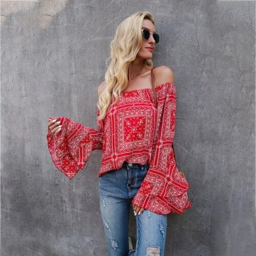 New Sexy Off Shoulder Blouse Women Ethnic Print Flare Long Sleeve Shirt Autumn Fashion Tops Plus Size Slash Neck Ladies Blouses