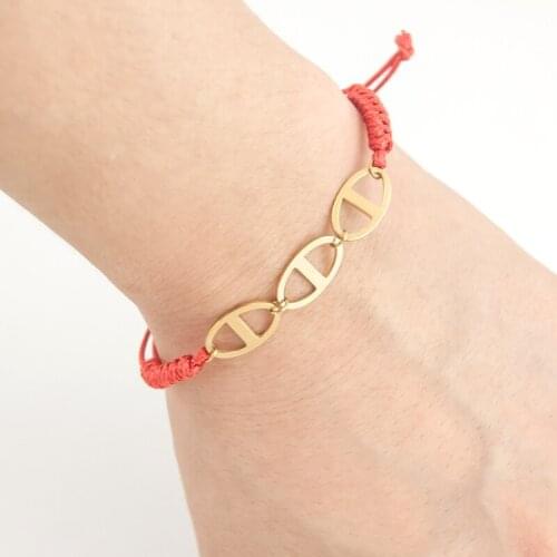 Women Adjustable Cord Bracelet Pig Nose Snout connector Stainless steel pendant black red color Rope