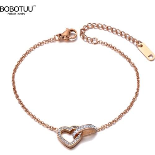 BOBOTUU New Stainless Steel Love Heart CZ Crystal Charm Bracelets For Women Girls Bohemia Chain & Link Bracelet Jewelry BB19143