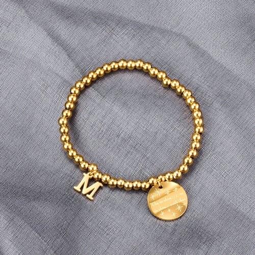 YUN RUO Vintage Yellow Gold Color Letter M Round Card Stretch Bracelet Woman Birthday Gift 316 L Titanium Steel Jewelry Not Fade