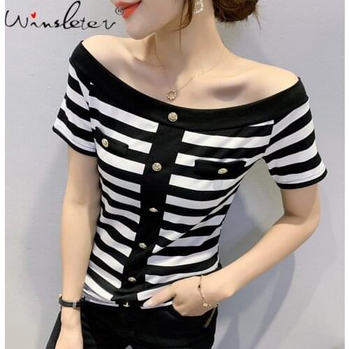 Summer European Style Cotton Pullover T-Shirt Chic Sexy Boat Neck Color Matching Button Women Tops Short Sleeve Tees New T16421A