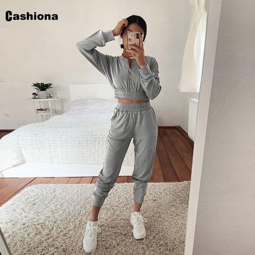 Cashiona Women Two Piece Set 2021 Spring Autumn New Long Sleeve Crop Top Casual Pencil Pants Set Woman 2PCS Tracksuit Streetwear