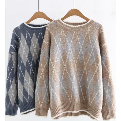 2020 New Winter Retro Knitted Diamond Jacquard Pullover Sweater Women Loose Outer Wear