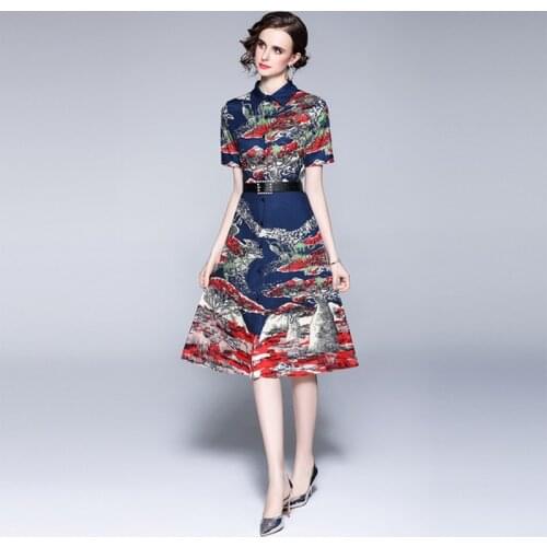 2021 Summer fashion casual Women short Sleeve turn down collar Bread tree positioning digital printing Dress With Belt