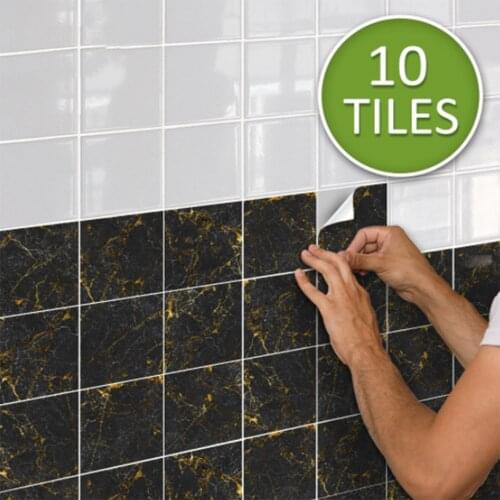 10Pcs Black and Gold Marble Tile Sticker Wallpaper Wall Stickers Decorative Removable Peel & Stick Kitchen Backsplash