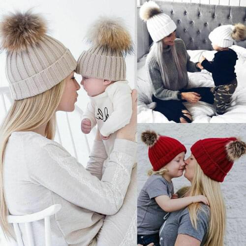 2pcs Fashion Parent-child Caps Cute Baby Pompon Winter Hat Double Fur Ball Hat Mother Kids Warm Knitted Hat Newborn Beanie Cap