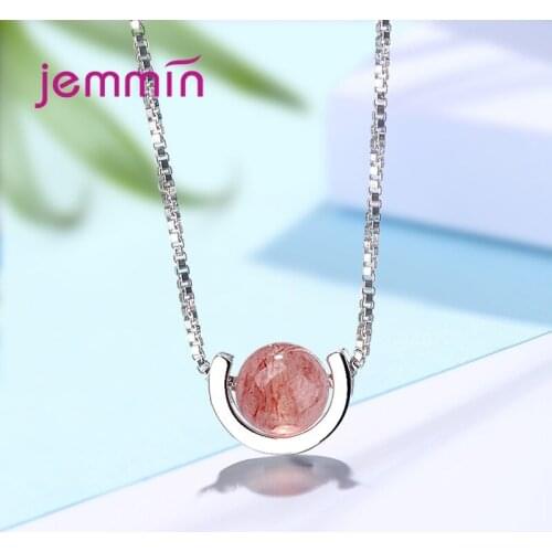 925 Sterling Silver Cute Pink Strawberry Ball Bead Pendant Chain Necklace Female Crystal Necklace Girl Necklace Accessories