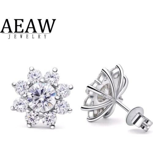 AEAW 1.0ctw 5.0mm Round Excellent Cut DF Color VVS1 Moissanite Earrings Flower Real 18K White Gold Stud Push Back