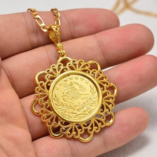 Annayoyo Rabian Ancient Coin Pendant Muslim Crystal Necklaces Women/Men, Gold Color Jewelry Middle East African Gift