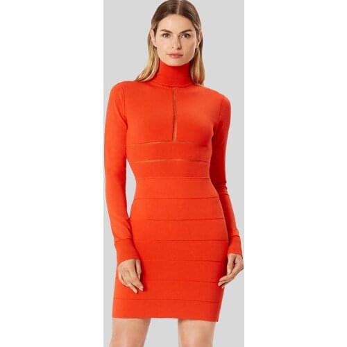 BEAUKEY Sexy Mesh Womens Bandage Dress Orange Long Sleeve Bodycon Vestidos Elegant Party Club Celebriy Dress Maxi XL