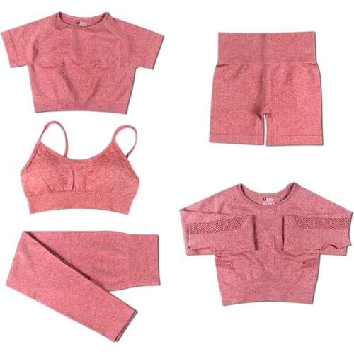 Seamless Yoga 5 Piece Set High Waist Pants+T Shirt+Bra+Shorts Women Fitness Gym Sportswear Clothes Running Suits Quick Dry