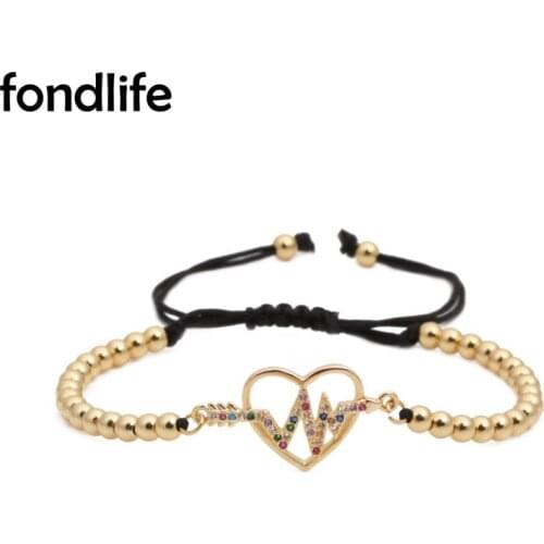 Shiny Multicolor Cubic Zirconia Stones Love Heart Beat Charm Bracelet Women 4mm Copper Beads Gold-plated CZ Cord Macrame Jewelry