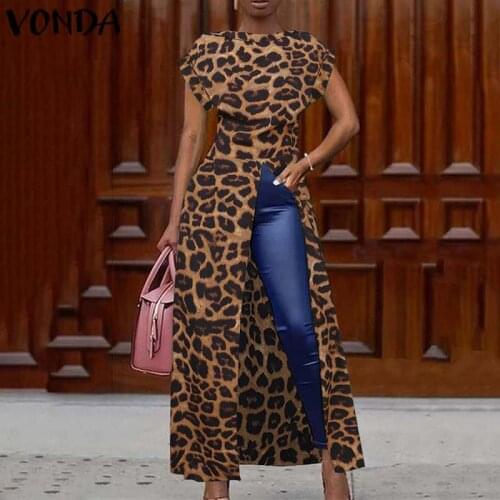 VONDA Leopard Blouse And Tops Women Vintage Printed Shirts 2021 Summer Tunic Office Holiday Split Hem Party Tops Plus Size Blusa