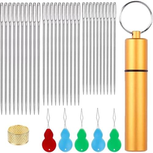 Nonvor 30 Pcs Large Eye Sewing Needles+5 Pcs Bead Needle Threader, 3 Sizes Stitching Stainless Steel Needles, Crafting Knitting