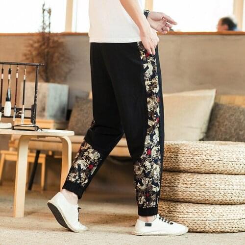 #8034 Spring Vintage Cotton Linen Pants Men Black Side Spliced Color Japanese Streetwear Cotton Linen Pencil Harem Pants Joggers