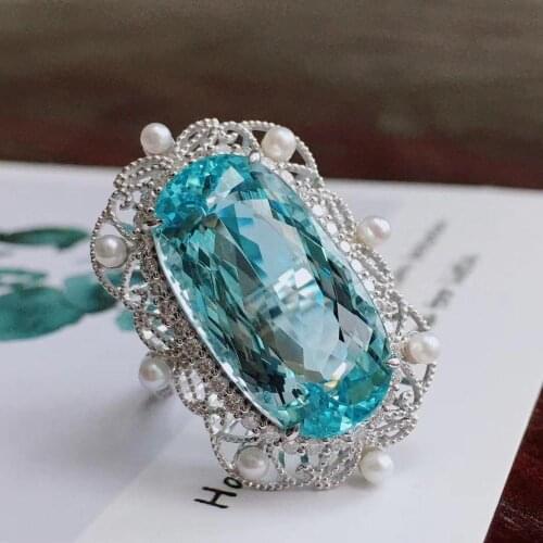 H615 Aquamarine Ring Fine Jewelry Pure 18 K Gold Natural Blue Aquamarine Gemstones 14.56ct Fine Rings
