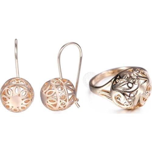 Swirls Ball Pattern Rings Earrings Set for Women Girls 585 Rose Gold Round Elegant Jewelry Sets Wedding Party LGS297
