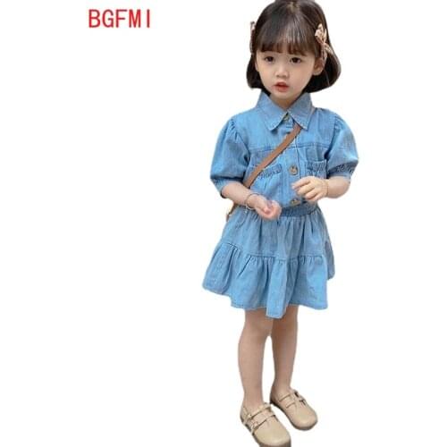 Summer Girls Dress Baby Denim Dress Kids Short Sleeve lapel Shirt+skirt Children Jeans Clothes Fashion Colorful 2 To 6 Yrs