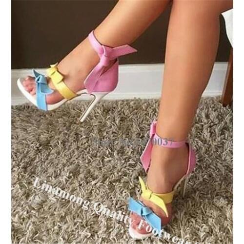 Linamong Newest Colorful Suede Butterfly-knot Stiletto Heel Gladiator Sandals Blue Yellow Pink Patchwork High Heel Sandals