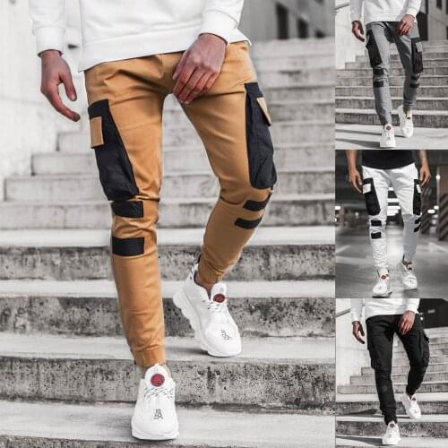 2021 Mens Casual Sports Pants Stitching Slim Fit Trousers with Pocket Spring Autumn Male Running Jogging Workout Fitness Bottom