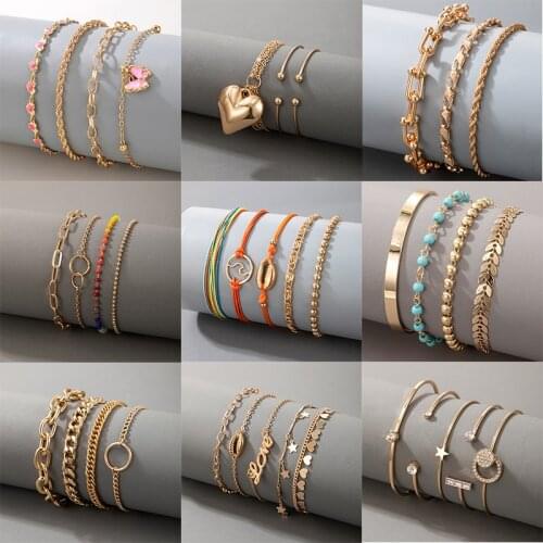 Docona Bohe Colorful Butterfly Beaded Bracelet Set for Women Multi-layer Handmade Shell Heart Adjustable Metal Bangle Jewelry