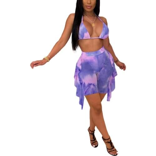 2021 newest 2 Pcs Women Bathing Suits Tie-dye Print Triangle Halter Bra+See-through Ruffle Splicing Mesh Pants for Summer