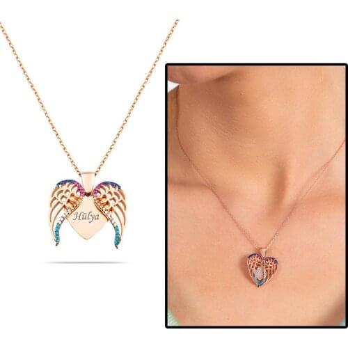 Tesbihane Multicolor Zircon Cubic Zirconia Angel Wing Design Personalized Name Written 925 Sterling Silver Women Necklace